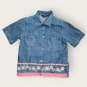 Agapo Collection Button Up Shirt Women's Sz M VTG embroidered Floral Denim